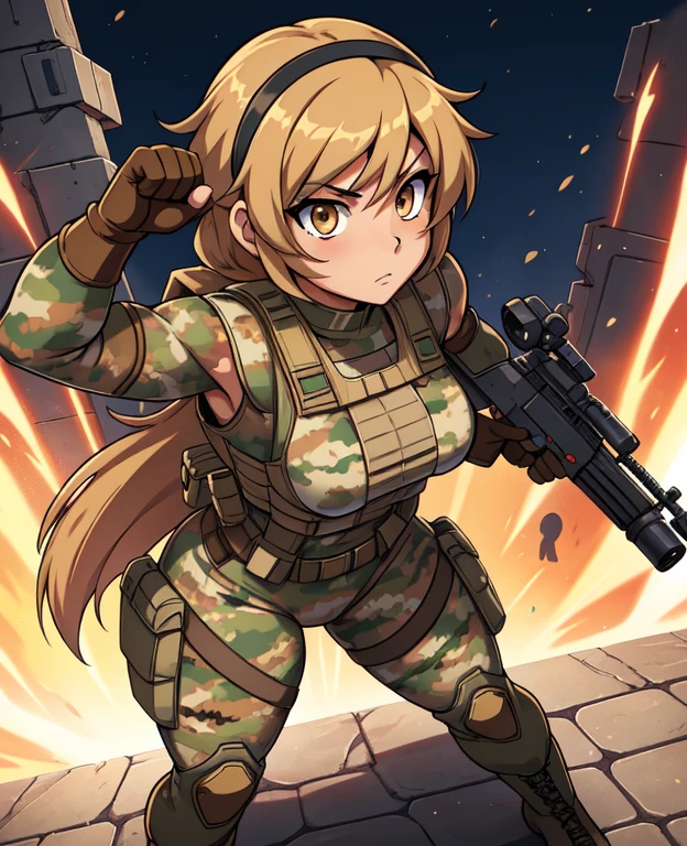 Full body, hq artwork, 27-year-old, Navajo Woman, tan skin, amber eyes, short and wavy black hair, athletic physique, military girl, soldier girl, (Wearing: Light tan camouflage, bodysuit, light tan bulletproof vest, brown combat gloves, brown combat boots), she's holding a machine gun in with both hands, she's aiming the gun at viewer, (standing up:1.2), expression of determination, fighting on the battlefield, full body, background is an Middle-Eastern city, female action anime girl, full body, striking manga art style, official art, official artwork, power girl, closeup view, badass pose, anime cover, wallpaper!, full art
