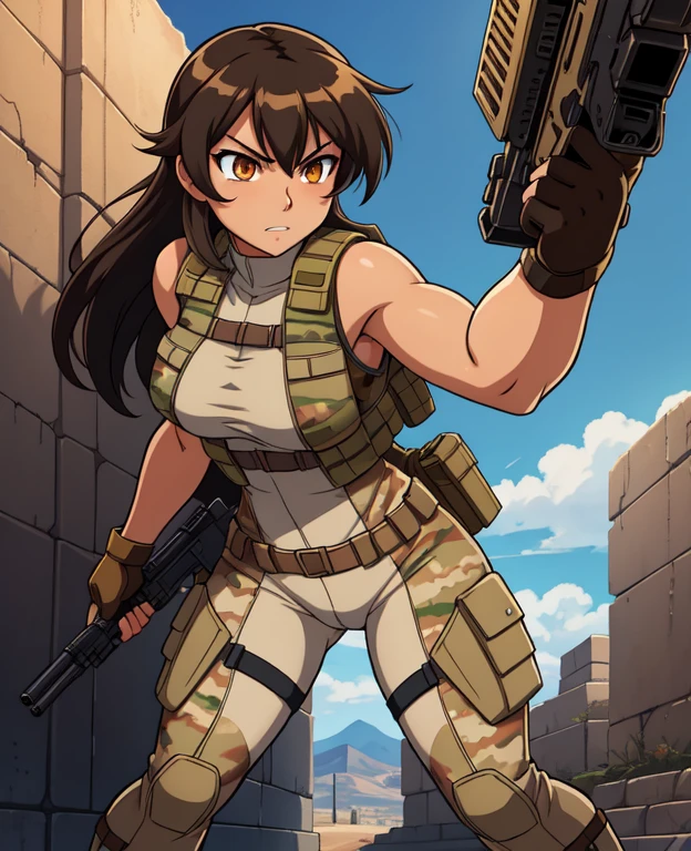 Full body, hq artwork, 27-year-old, Navajo Woman, tan skin, amber eyes, short and wavy black hair, athletic physique, military girl, soldier girl, (Wearing: Light tan camouflage, light tan bodysuit, light tan bulletproof vest, brown combat gloves, brown combat boots), she's holding a machine gun in with both hands, she's aiming the gun at viewer, (standing up:1.2), expression of determination, fighting on the battlefield, full body, background is an Middle-Eastern city, female action anime girl, full body, striking manga art style, official art, official artwork, power girl, closeup view, badass pose, anime cover, wallpaper!, full art
