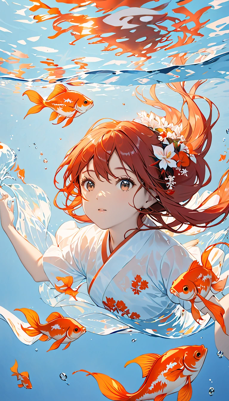 Girl swimming with goldfish