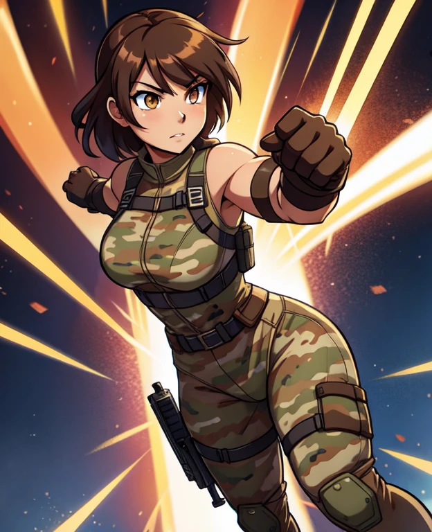 Full body, hq artwork, 27-year-old, Navajo Woman, tan skin, amber eyes, short and wavy black hair, athletic physique, military girl, soldier girl, (Wearing: Light tan camouflage, bodysuit, light tan bulletproof vest, brown combat gloves, brown combat boots), she's holding a machine gun in with both hands, she's aiming the gun at viewer, (standing up:1.2), expression of determination, fighting on the battlefield, full body, background is an Middle-Eastern city, female action anime girl, full body, striking manga art style, official art, official artwork, power girl, closeup view, badass pose, anime cover, wallpaper!, full art
