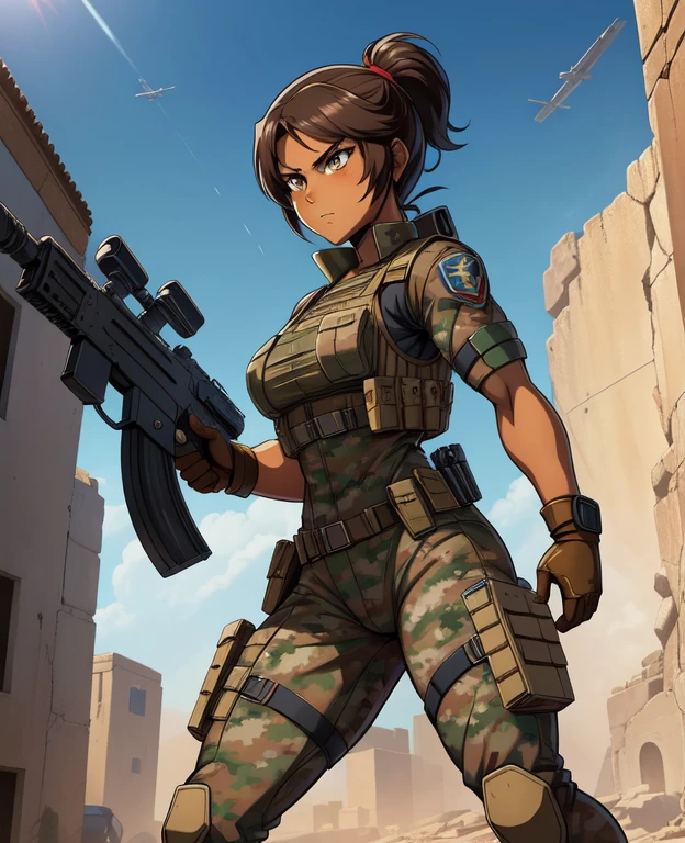 Full body, hq artwork, 27-year-old, Navajo Woman, tan skin, amber eyes, short black hair, athletic physique, military girl, soldier girl, (Wearing: Light tan camouflage, bodysuit, light tan bulletproof vest, brown combat gloves, brown combat boots), she's holding a machine gun in with both hands, she's aiming the gun at viewer, (standing up:1.2), expression of determination, fighting on the battlefield, full body, background is an Middle-Eastern city, female action anime girl, full body, striking manga art style, official art, official artwork, power girl, closeup view, badass pose, anime cover, wallpaper!, full art
