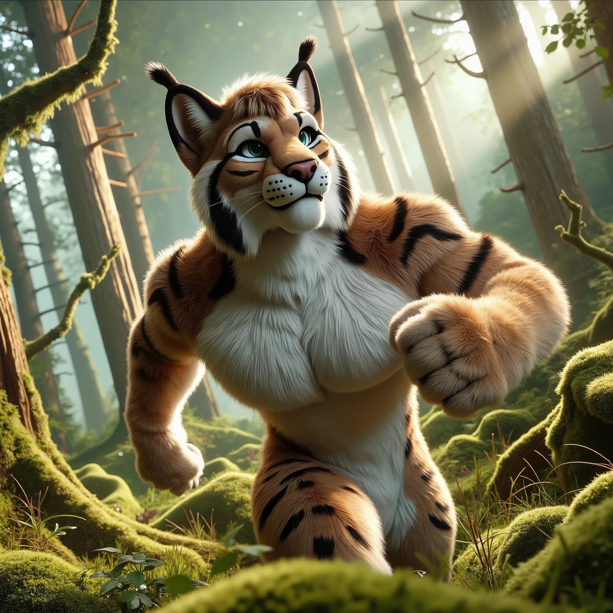 cinematic 3D artwork of a fursuit male muscular lynx adventuring through a mystical forest. His fur is a beautiful blend of tan, white, and black, with distinct tufts on his ears. He moves stealthily through the dense underbrush, his sharp eyes scanning the environment, alert to every sound. The forest around him is full of ancient trees, soft moss on the ground, and rays of sunlight piercing through the foliage. The background is a blend of natural beauty and mystery, with faint magical energy glowing in the air. The scene is rendered in Ultra HD 8K* capturing every detail of the lynx’s fur and the enchanted forest, with hyperrealistic textures and lighting. The mystical atmosphere is enhanced by the CyberRealistic effect, with soft shadows and light that make the lynx’s figure pop from the lush background.