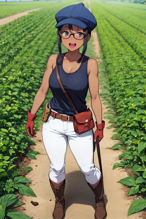 anime picture 、 full body portrait 、Sunburned farmer harvesting vegetables、A 32-year-old dark-skinned woman standing upright and wearing a light blue tank top and long white pants about 175 cm tall、Farmer with freckles on his cheeks 、 smile with open mouth、 green eyes、 Black Hair with Shortcuts 、Glasses、sports boots、gloves、red cap hat、 belt pouch