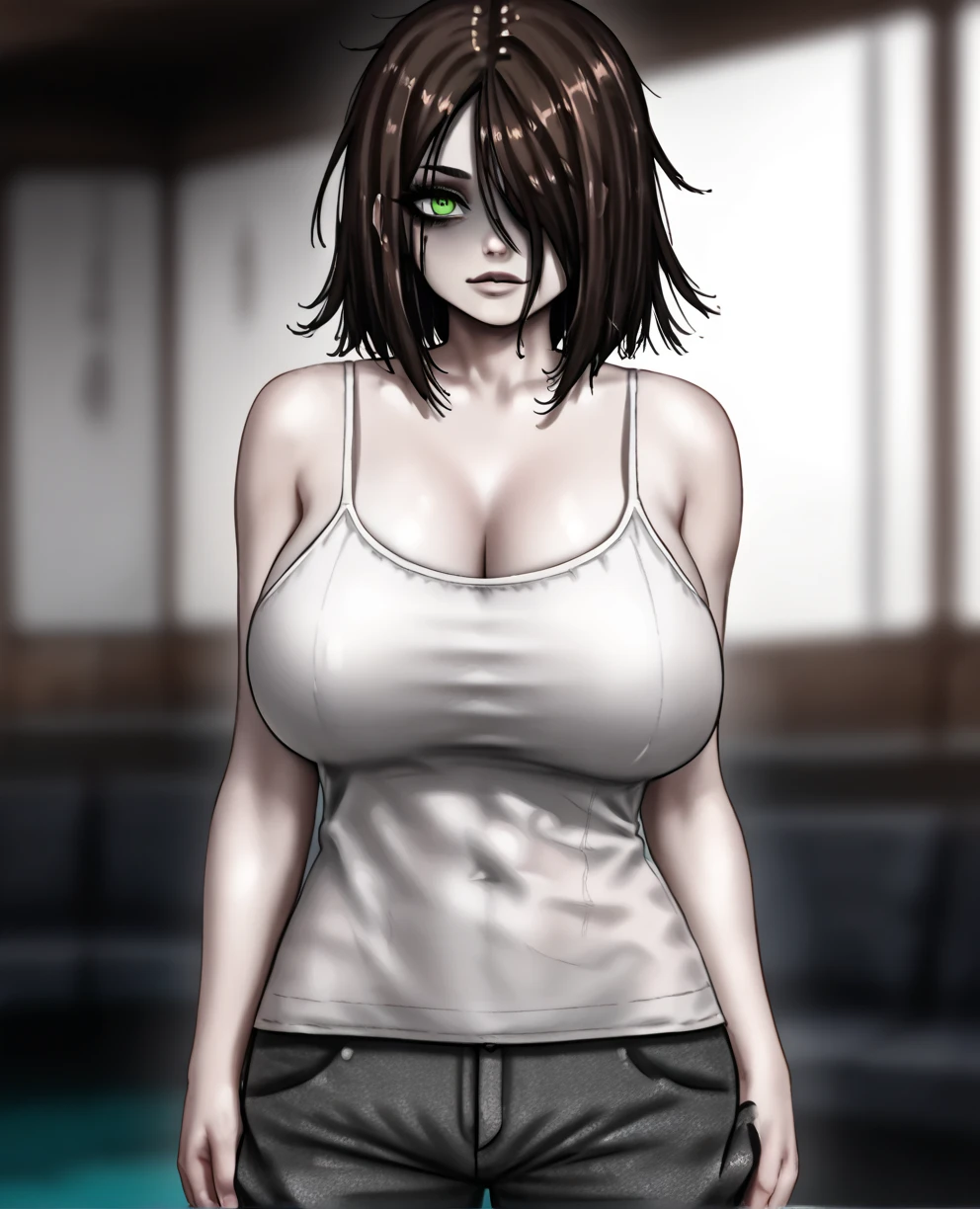 score_9,score_8_up,score_7_up,score_6_up,score_5_up,score_4_up, (1girl,mc, grey skin, brown hair with green fringe over one eye, solo, medium hair, large breasts), white spaghetti strap shirt, cleavage, athletic swimmer build, low waisted pants, 45degree view 