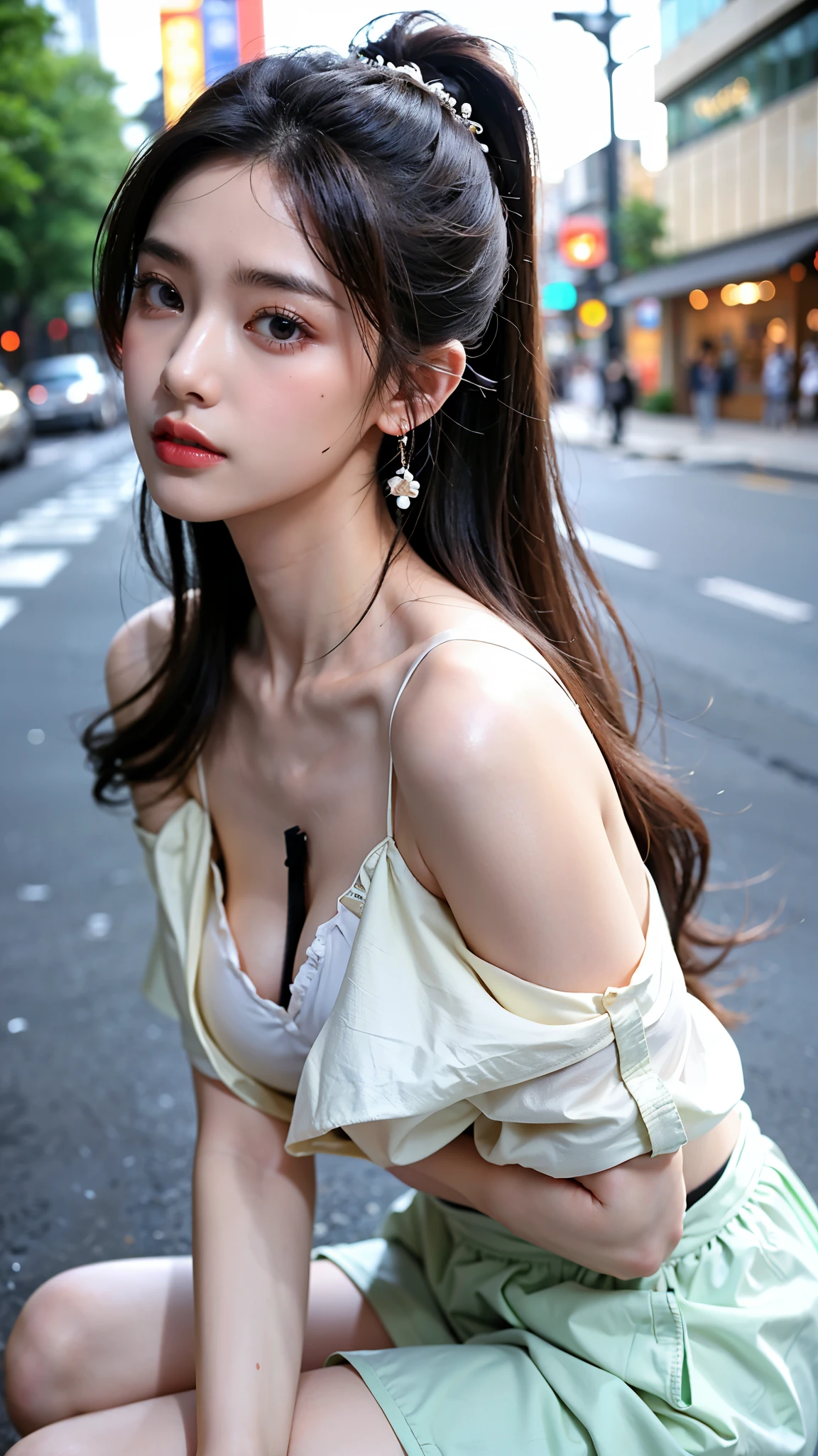 ((best qualtiy,tmasterpiece,超高分辨率)),(realisticlying:1.4),(Korean star poster-like),1girll,From head to knees,Dynamic posture,adult face,Slim,(ssmile),(shiny skins),(contours,frontage,eventide),whaite hair,long whitr hair,黑The eye,(big cleavage breasts),Top fashion,((White plush coat)),Lace,(short skirt),(nevando:1.5,pedestrian street,The city in winter),(Clear eyes),(Clear nose),(Clear lips),(Fair skin),(Ultra-realistic textile textures)