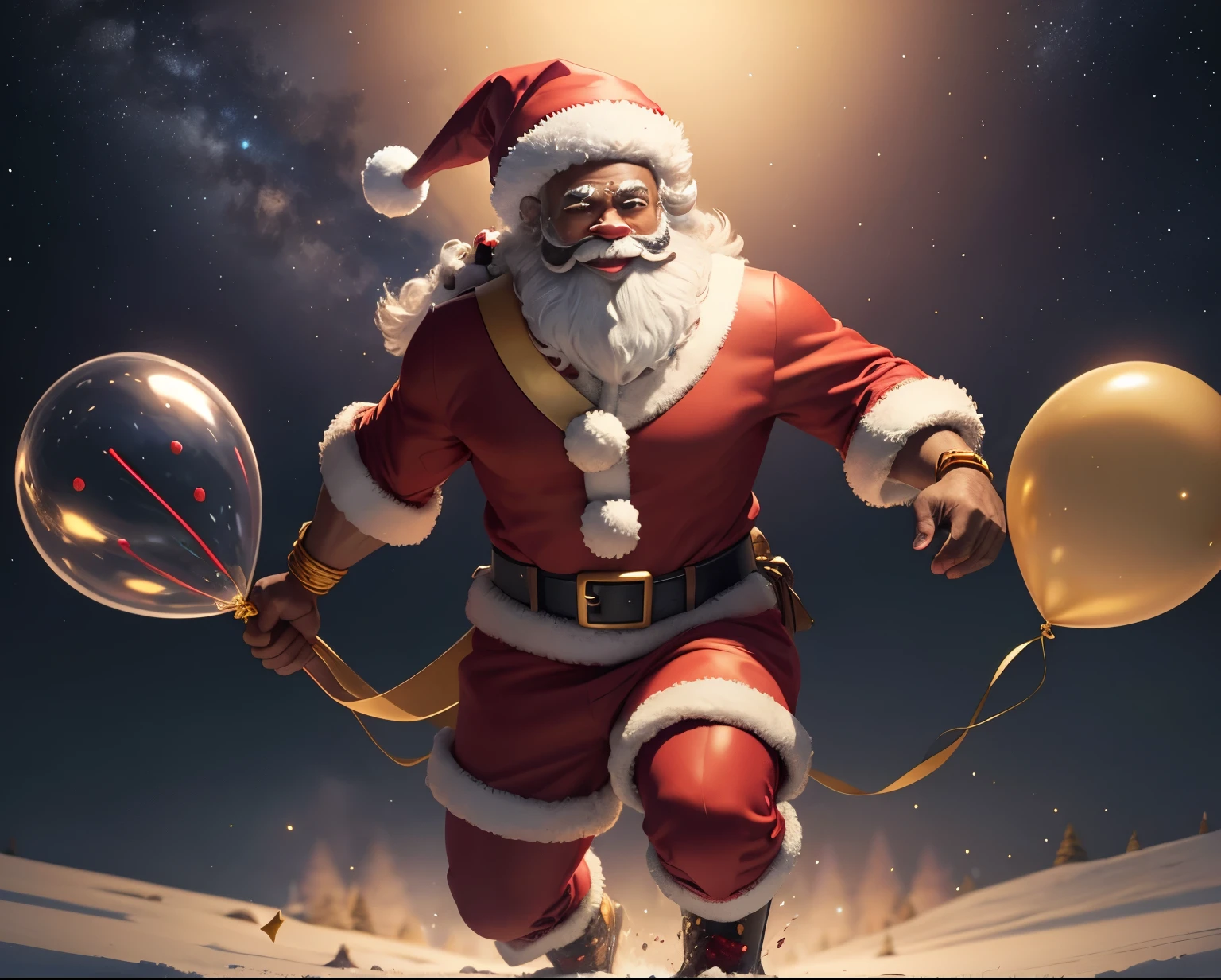 one man, full body image, dark skinned santa claus with gold teeth, dark afro hair, a kangaroo wearing a santa claus uniform and santa hat, holding a red lightsaber, full body, balloons in the background, christmas theme, snow on the ground, (gold teeth smile), full body imag, nighttime, happy kangaroo, with santa claus clothes, high quality, 