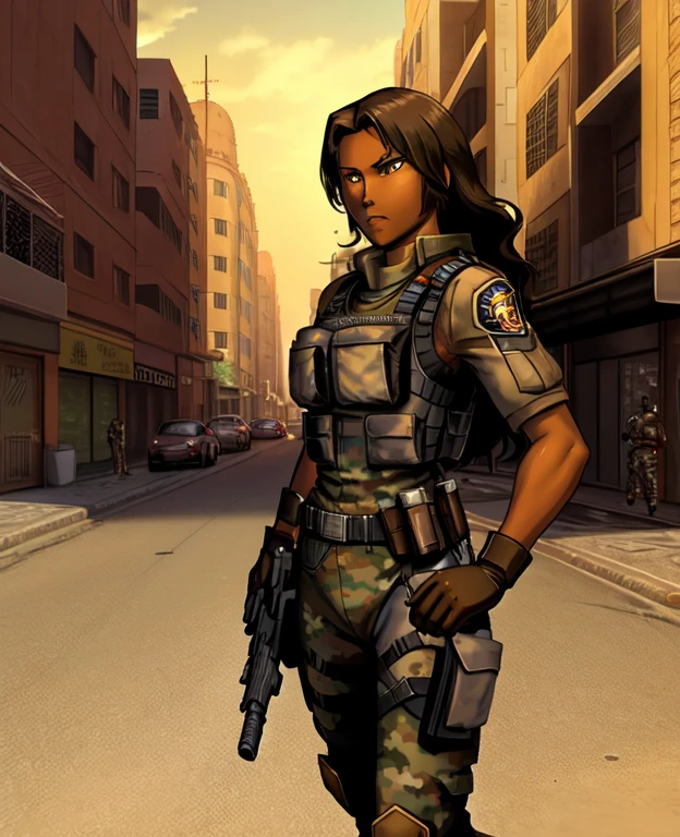 masterpiece, best quality, 1girl, solo, PS2 style, tan-bronze skin, amber eyes, wavy black hair, Light tan camouflage, bodysuit, light tan bulletproof vest, brown combat gloves, brown combat boots, utility belt, gun holsters, carrying a machine gun, the background is the streets of a Middle-Eastern village
