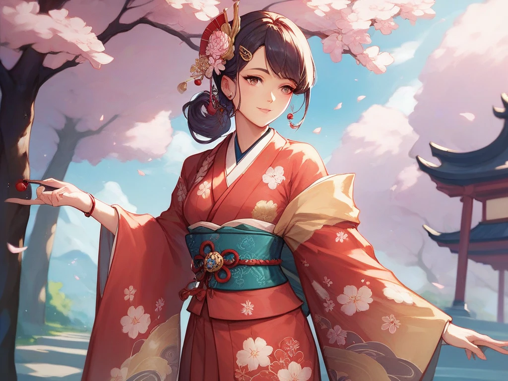 A small girl with black hair and brown eyes, wearing a red kimono and a flower in her hair. She is holding a fan and standing in a cherry blossom garden. She has a graceful and elegant pose.
