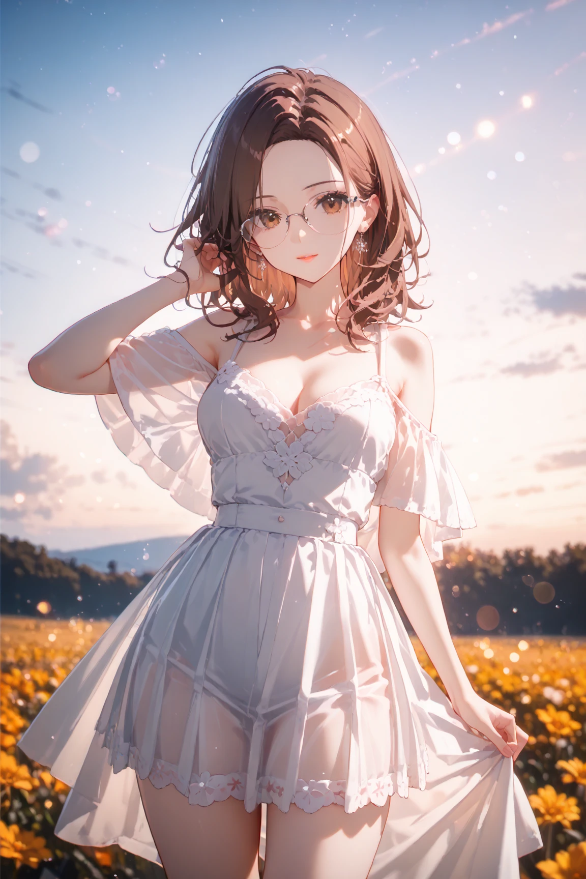 (masterpiece, best quality), (score_9,score_8_up,score_7_up), (highly-detailed), GEN, 
XUER guangying, 
1woman, (25 years old), beautiful italian brunette, pretty face, black frame reading glasses, hand on hair, medium hair, [medium-long hair], (brown hair), (forehead), pinkish orange lipstick, beautiful bright brown eyes, nice body, curvaceous, fit, bare shoulders, cleavage, 
beautiful white dress with floral details, short dress, thighs, cute but sensual pose, looking at viewer, very subtle smile, 
middle of a beautiful flower field, Toscana, cold light, sunset, 
(bokeh), dreamy aesthetics, raytracing, 8k, ultra high definition, (subtle depth of field:0.25), (subtle bloom:0.5), soft lights, rich vivid colors, light particles, super cool special effects, glowing details, vibrant textures, dramatic lighting, captivating visuals,  