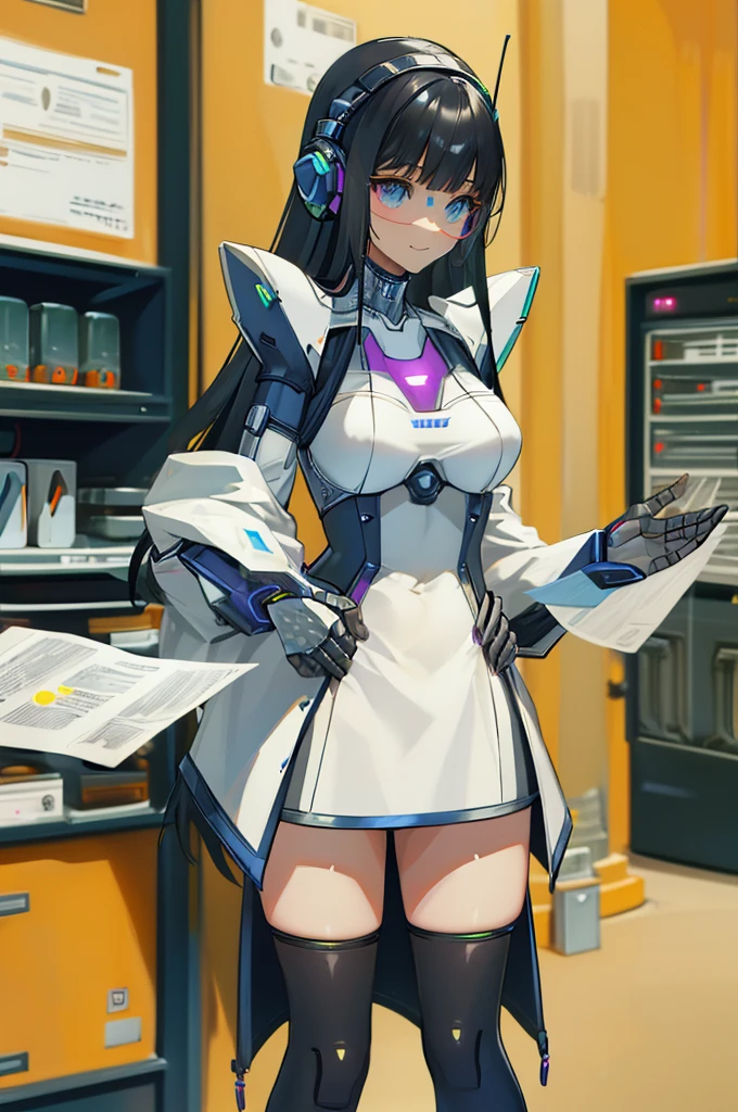 masterpiece, best quality, extremely detailed, (8K, 4K, Best Quality, hight resolution, 超A high resolution:1.1), ,8k portrait, Japaese android Girl,Plump , dark black leg cover,announcer,control panels,android,Droid,Mechanical Hand, Robot arms and legs, Black Robot Parts,Black hair,Mechanical body,Blunt bangs,perfect mechanical abdomen,White robotics parts,perfect robot woman,future laboratory,cyber pank,charging spot,laboratory,long tube,thick cable connected her neck,white ceramic body ,perfect mechanical body, white robot body,lod antenna,mechanical ear cover,android,robot humanoid,black sponge joints,The removable cover is in the groin,The connection port is in the groin,opened chest panel,access panel on the chest,opened breast panel,perfect mechanical breast,perfect machine body,perfect android body,She has repaired,assembly plant,miniskirt,dark black tights,dark black leggings,,smile