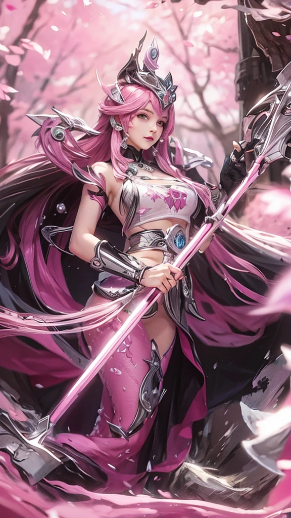 First place girl,Long flowing pink hair,head ornaments,Mid-chest,Pink lace dress,Chest gem,Steel armor gloves,steel high heels,.best quality,masterpiece,Ultra-high resolution（2：0）,shuriken,The steel sword is long and sharp,The sword has magic runes attached to it,