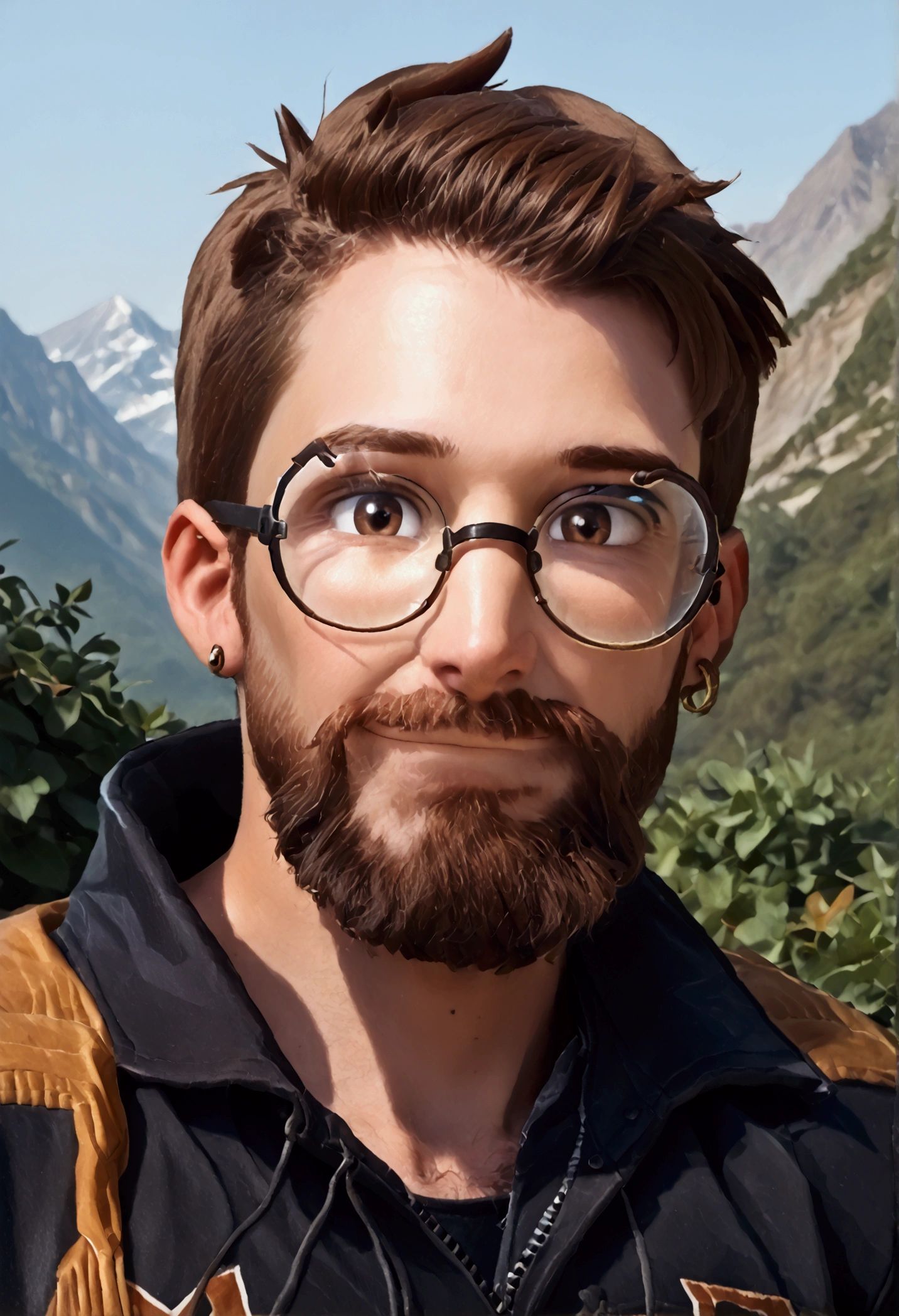 muscular, man, short brown hair, big black beard, brown eyes, round glasses, rounder face, black jacket, character select portrait, smile, 8k, high detail, high quality, Extremely detailed face, mountain background, looking at viewer, head tilted towards the right, earrings, perfect lighting, detailed glasses, detailed facial hair, detailed hair, detailed facial features, detailed anatomy, morning. 