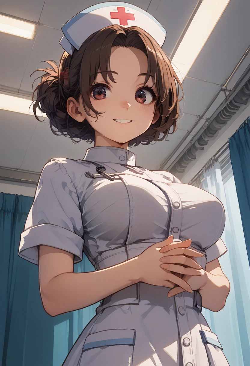 (score_9, score_8_up, score_7_up,source_anime,masterpiece:1.3),(intricate and detailed:1.2),vector-artstyle,best quality,Fine hair,intricate illustration ,ultra-detailed animation,1girl,Look At Viewer,faint smile,Provoke,Brown Hair,Messy Tip Hairstyle,okumura haru,Ao Dai,(nurse:1.3),(Bodysuits:0.3),large breasts,(face seen through breasts:1.1),(sway back,arched back:1.2),own hands near waist,pov,hands focus,from below,ceiling,Dynamic angle