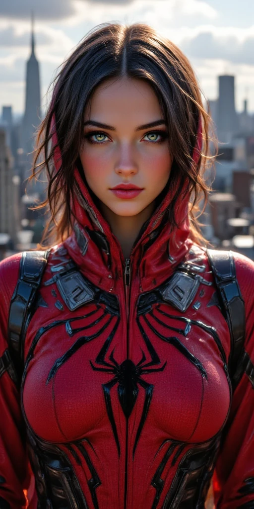 (1girl:1.3), Solo, (((Very detailed face)))), ((Very detailed eyes and face)))), Beautiful detail eyes, Body parts__, Official art, Unified 8k wallpaper, Super detailed, beautiful and beautiful, beautiful, masterpiece, best quality, original, masterpiece, super fine photo, best quality, super high resolution, realistic realism, sunlight, full body portrait, amazing beauty, dynamic pose, delicate face, vibrant eyes, (from the front), She wears Spider-Man suit, red and black color scheme, spider, very detailed city roof background, rooftop, overlooking the city, detailed face, detailed complex busy background, messy, gorgeous, milky white, highly detailed skin, realistic skin details, visible pores, clear focus, volumetric fog, 8k uhd, DSLR, high quality, film grain, fair skin, photo realism, lomography, futuristic dystopian megalopolis, translucent