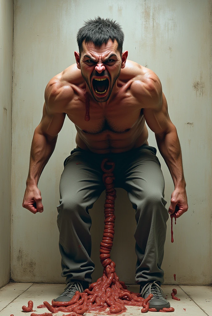 A man has giant spiders crawling all over his body.,panic man