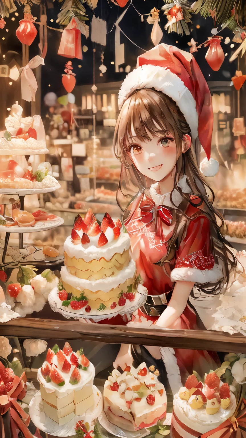 A woman wearing a Santa hat is standing in front of a strawberry Christmas cake display, change, everyone,  pixib, baking artwork,  eating cake ,  fantasy bakery ,  Official Artwork ,  happy !!!, at  pixib, Sakimi-chan, trending on artstation  pixib, sweets,  Marin Kitagawa Fanart , Spectacular!, guweiz on  pixib artstation