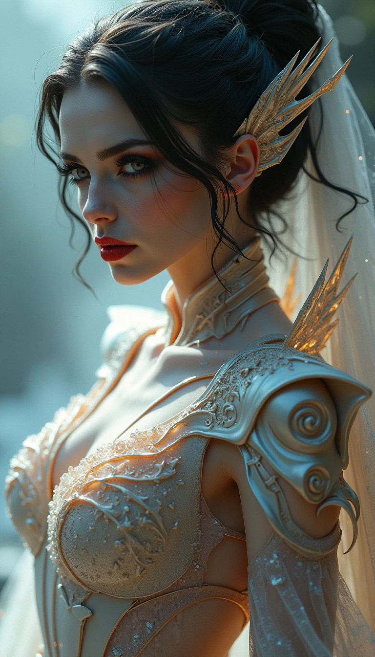 Abigail Spencer,, wearing veil bride latex costume transparent. professionally retouched, soft lighting, realistic, smooth face, perfect eyes, sharp focus on eyes, 8 k, high definition, insanely detailed, intricate, elegant. stand for this circus.