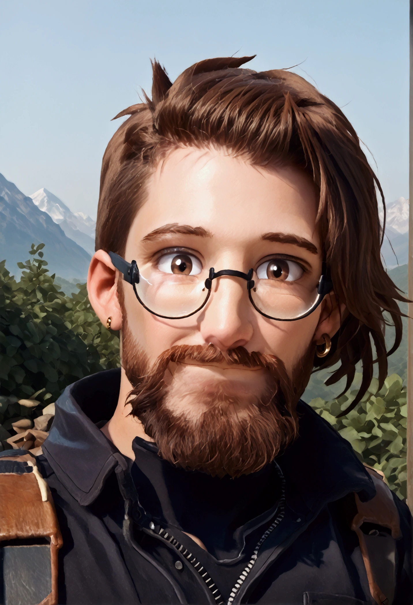 muscular, man, short brown hair, big black beard, brown eyes, round glasses, rounder face, black jacket, character select portrait, smile, 8k, high detail, high quality, Extremely detailed face, mountain background, looking at viewer, head tilted towards the right, earrings, perfect lighting, 8k detailed glasses, 8k detailed facial hair, 8k detailed hair, 8k detailed facial features, detailed anatomy, morning. 