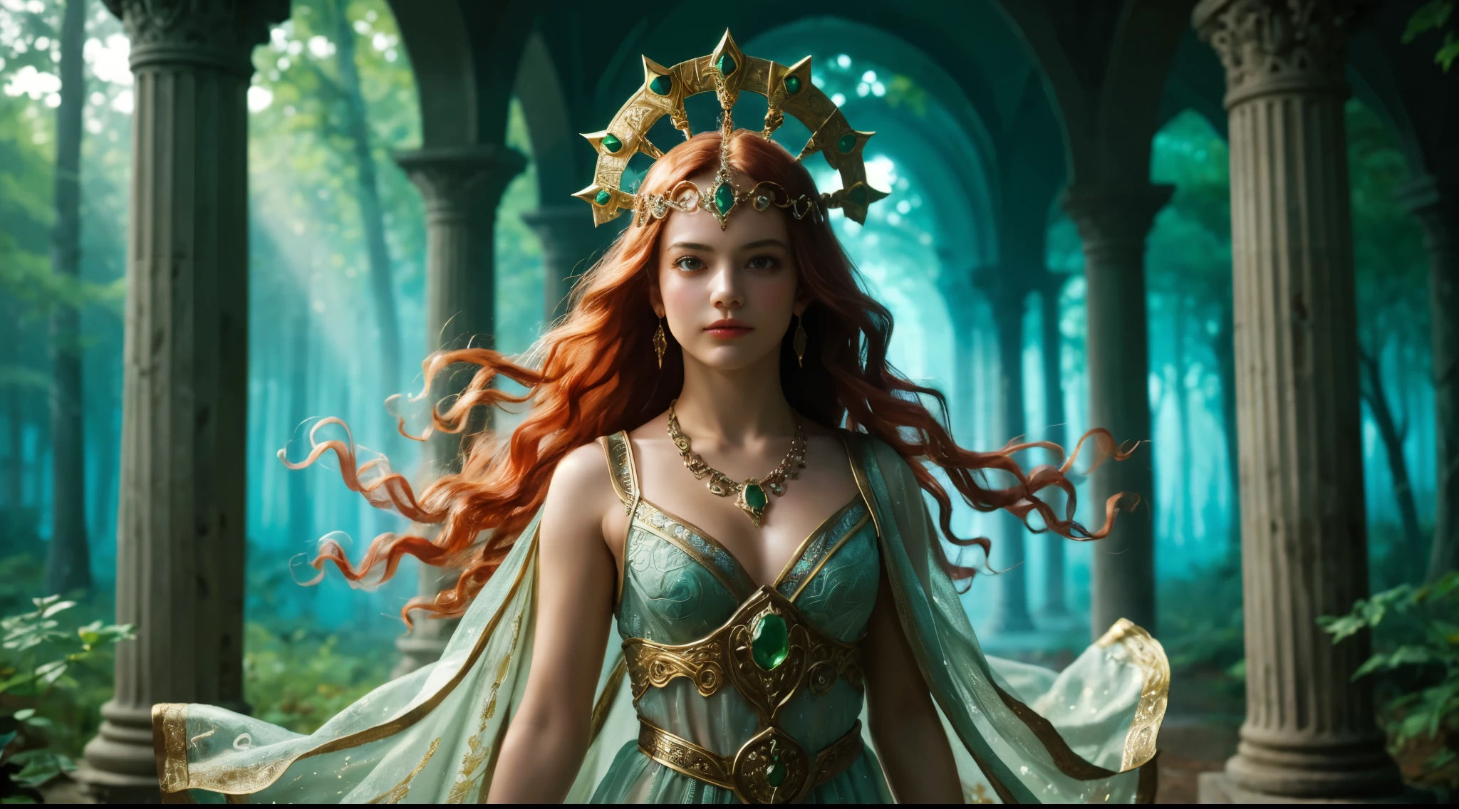 girl, (young, early teen, cute:1.8), intricate ornamented sword, flowing robe, see-through robe, breasts, long hair, flowing hair, subtle headpiece, intricate ornate headpiece, necklace, earring, looking at viewer, ethereal aura, forest, cinematic, highly detailed, stunning, red hair, warrior, powerful stance, intricate emerald plate armor, glowing golden accents, ornate carvings, vibrant green glowing sword, grand fantasy, pillars, elaborate carvings, soft ambient lighting, regal atmosphere, grace, masterpiece, 