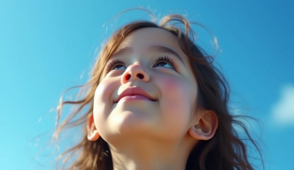 A little girl wearing a pink dress still film, floating in the sky, (close-up: 1.1), bright, happy, fun, soft lighting
