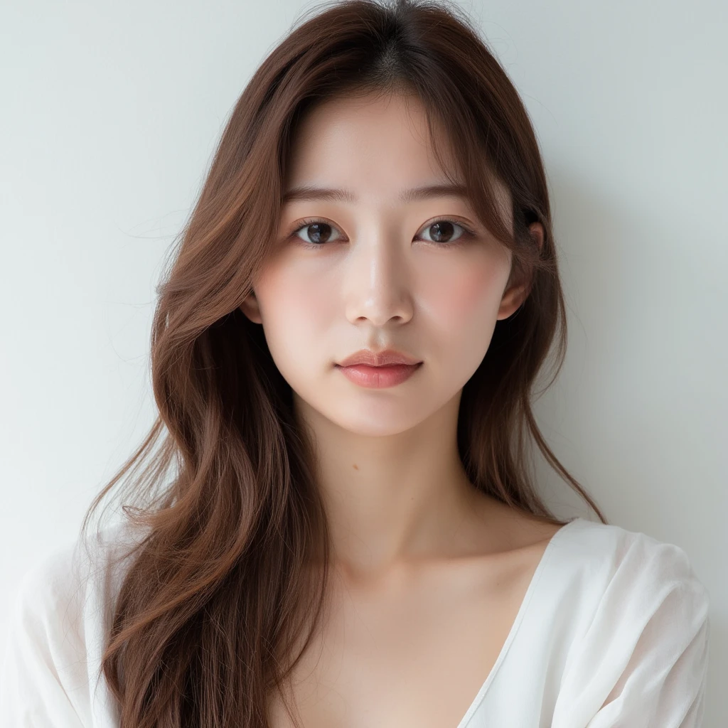 The image is a close-up portrait of a young Asian woman. She has long, wavy hair that falls over her shoulders. Her hair is a light brown color with darker roots. She is wearing a white blouse with a thin neckline. Her expression is serious and she is looking directly at the camera. The background is a plain white wall. The lighting is soft and natural, highlighting the woman's features.