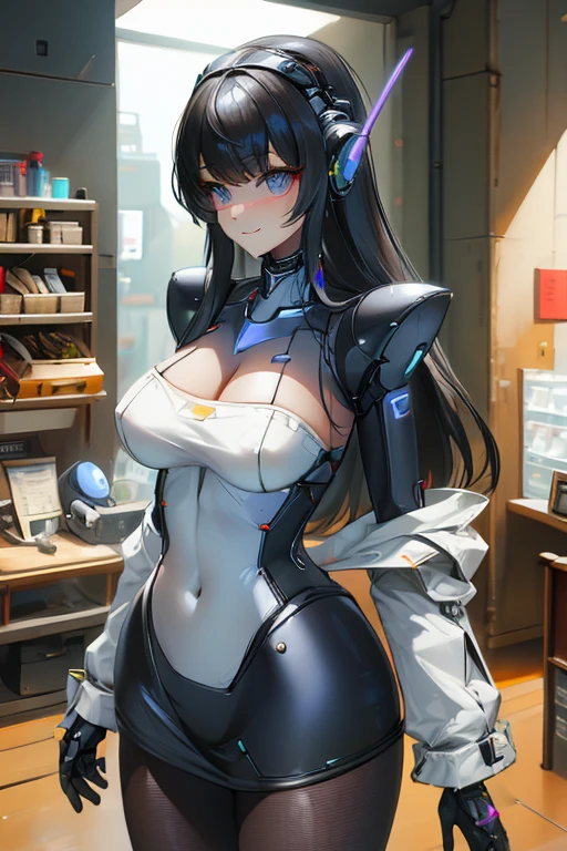 masterpiece, best quality, extremely detailed, (8K, 4K, Best Quality, hight resolution, 超A high resolution:1.1), ,8k portrait, Japaese android Girl,Plump , dark black leg cover,announcer,control panels,android,Droid,Mechanical Hand, Robot arms and legs, Black Robot Parts,Black hair,Mechanical body,Blunt bangs,perfect mechanical abdomen,White robotics parts,perfect robot woman,future laboratory,cyber pank,charging spot,laboratory,long tube,thick cable connected her neck,white ceramic body ,perfect mechanical body, white robot body,lod antenna,mechanical ear cover,android,robot humanoid,black sponge joints,The removable cover is in the groin,The connection port is in the groin,opened chest panel,access panel on the chest,opened breast panel,perfect mechanical breast,perfect machine body,perfect android body,She has repaired,assembly plant,miniskirt,dark black tights,dark black leggings,,smile