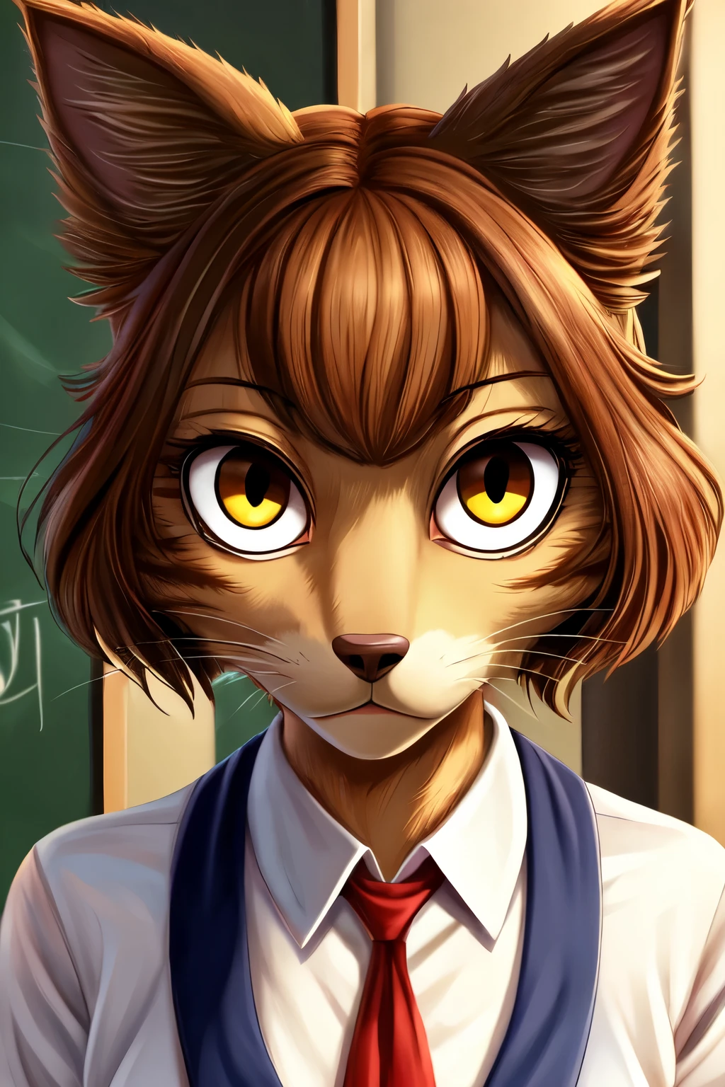 Skye, female cockapoo, floppy cockapoo ears, long messy ginger hair, magenta eyes, anthro, furry, tall, slightly muscular, school girl outfit, serious, annoyed, yandere, standing, extremely detailed, solo, beautiful, high quality, 4K, 8K, HDR