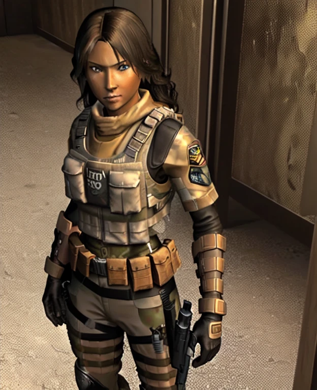 masterpiece, best quality, 1girl, solo, PS2 style, tan-bronze skin, amber eyes, wavy black hair, Light tan camouflage, bodysuit, light tan bulletproof vest, brown combat gloves, brown combat boots, utility belt, gun holsters, carrying a machine gun,