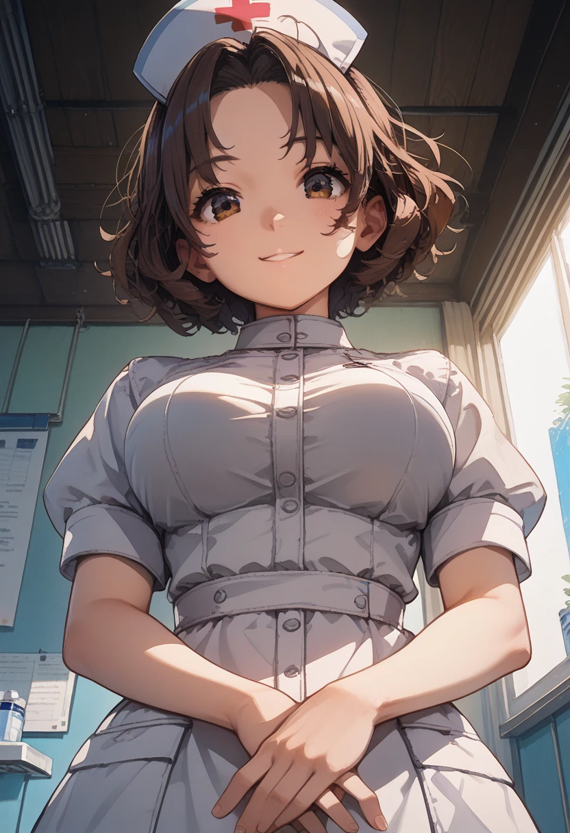 (score_9, score_8_up, score_7_up,source_anime,masterpiece:1.3),(intricate and detailed:1.2),vector-artstyle,best quality,Fine hair,intricate illustration ,ultra-detailed animation,1girl,Look At Viewer,faint smile,Provoke,Brown Hair,Messy Tip Hairstyle,okumura haru,Ao Dai,(nurse:1.3),large breasts,(face seen through breasts:1.1),(sway back,arched back:1.2),own hands near waist,pov,hands focus,from below,ceiling,Dynamic angle