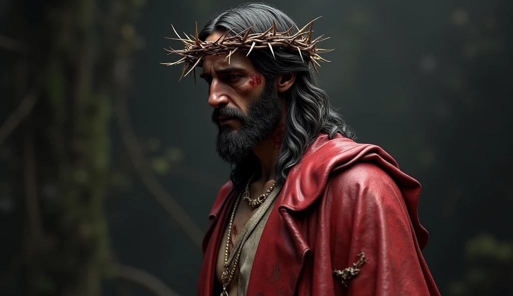 Jesus with the crown of thorns bleeding on the cross