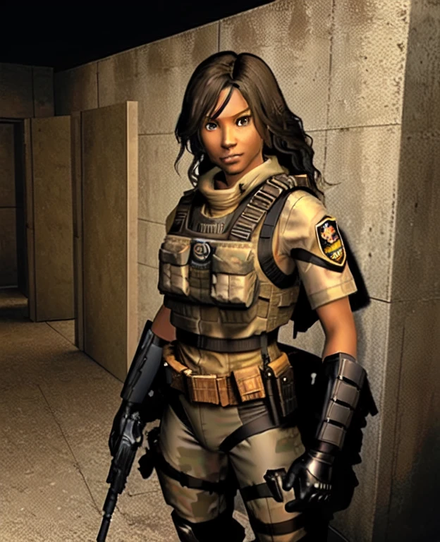 masterpiece, best quality, 1girl, solo, PS2 style, tan-bronze skin, amber eyes, wavy black hair, Light tan camouflage, bodysuit, light tan bulletproof vest, brown combat gloves, brown combat boots, utility belt, gun holsters, carrying a machine gun,
