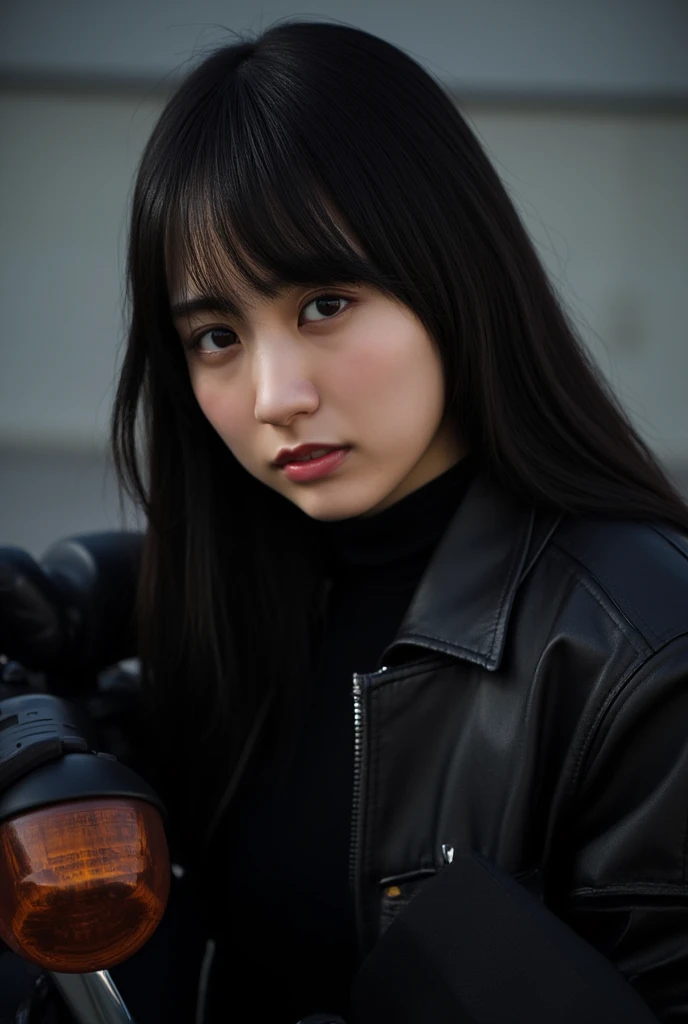 a 20 year old asian boy,black bangs,black leather jacket,leaning against motorbike,detailed face,detailed eyes,detailed lips,realistic,photorealistic,ultra-detailed,4k,highres,masterpiece,cinematic lighting,moody lighting,cinematic colors,dramatic atmosphere