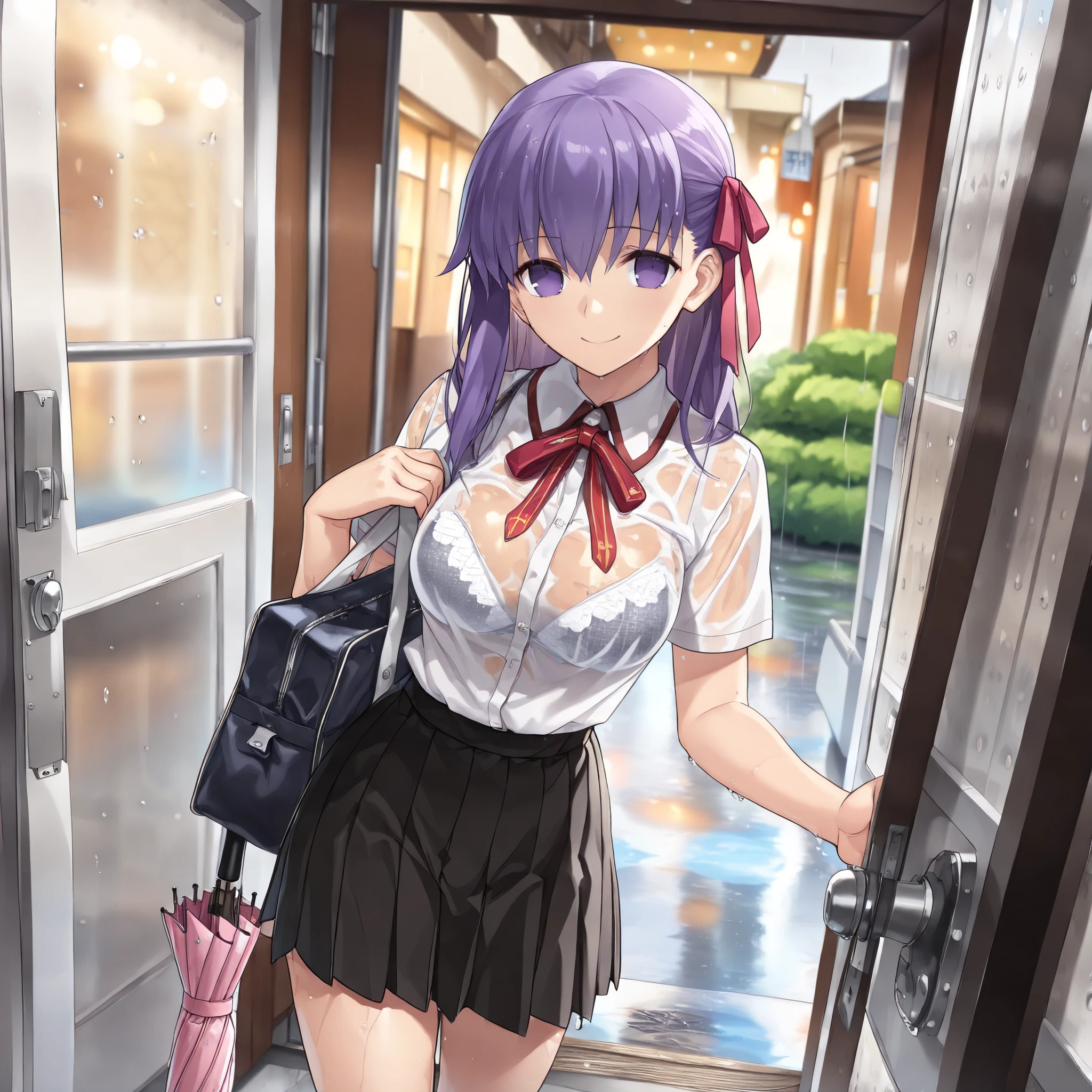 fate, matou sakura, school uniform, bright smile, cowboy shot, Rainy day, transparent bra, wet clothes, umbrella, front door, (best quality,4K,8k, highres icon,masterpiece:1.2),ultra-detailed,intricate details, high fashion, dramatic lighting, warm colors, Chiaroscuro