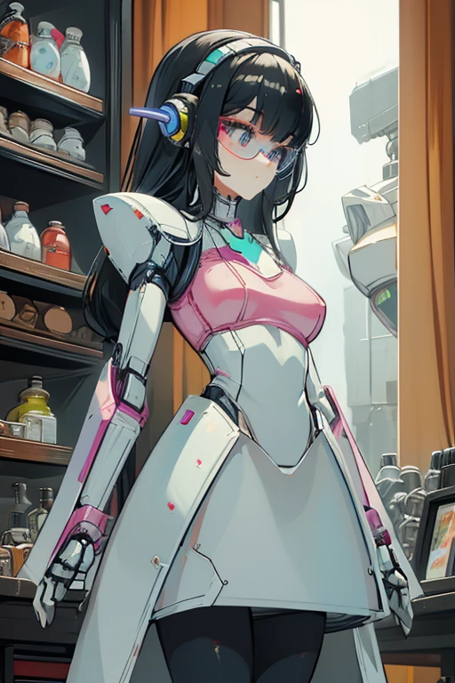 masterpiece, best quality, extremely detailed, (8K, 4K, Best Quality, hight resolution, 超A high resolution:1.1), ,8k portrait, Japaese android Girl,Plump , dark black leg cover,announcer,control panels,android,Droid,Mechanical Hand, Robot arms and legs, Black Robot Parts,Black hair,Mechanical body,Blunt bangs,perfect mechanical abdomen,White robotics parts,perfect robot woman,future laboratory,cyber pank,charging spot,laboratory,long tube,thick cable connected her neck,white ceramic body ,perfect mechanical body, white robot body,lod antenna,mechanical ear cover,android,robot humanoid,black sponge joints,The removable cover is in the groin,The connection port is in the groin,opened chest panel,access panel on the chest,opened breast panel,perfect mechanical breast,perfect machine body,perfect android body,She has repaired,assembly plant,miniskirt,dark black tights,dark black leggings,,smile