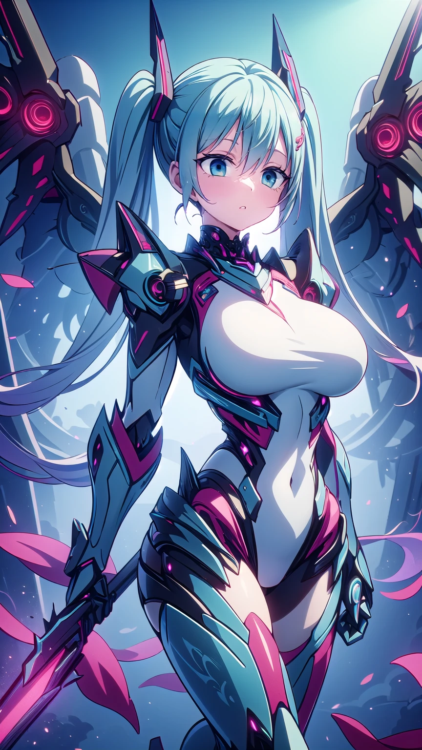 masterpiece, Hatsune Miku VOCALOID, ((Mecha Girl)),   twin tails,   light blue eyes ,  blue hair,   Bodysuit   ,  I'm wearing Gundam armor , ((  angel wings  )), ((Mecha Girl)), ((   cyberpunk  )),   high heels,   ultimate physical beauty,    beautiful eyes  , Big Breasts, Big Breasts, top quality, Max image    ,