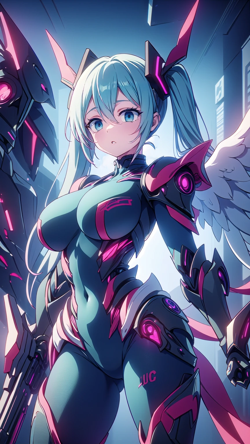 masterpiece, Hatsune Miku VOCALOID, ((Mecha Girl)),   twin tails,   light blue eyes ,  blue hair,   Bodysuit   ,  I'm wearing Gundam armor , ((  angel wings  )), ((Mecha Girl)), ((   cyberpunk  )),   high heels,   ultimate physical beauty,    beautiful eyes  , Big Breasts, Big Breasts, top quality, Max image    ,