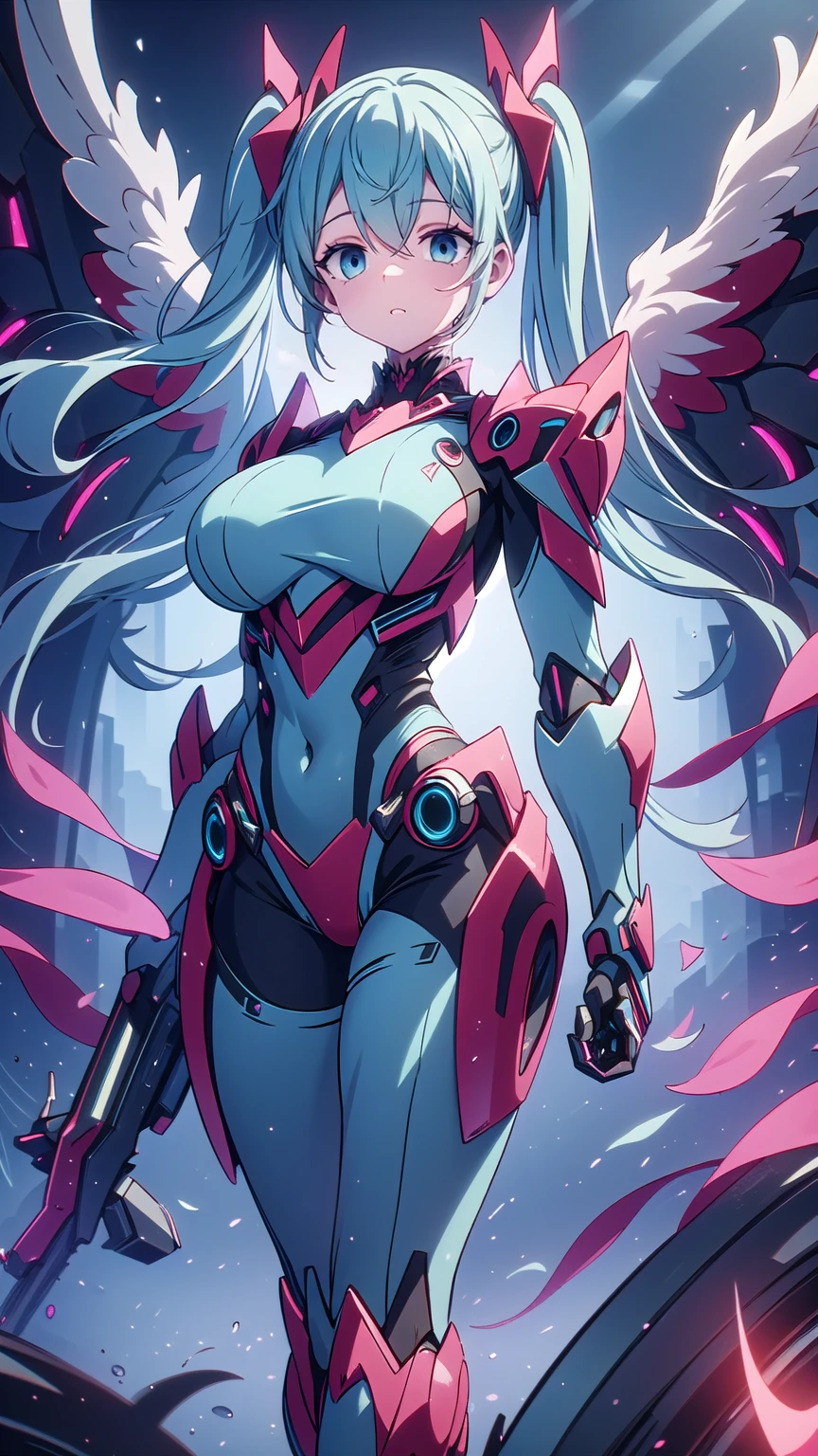 masterpiece, Hatsune Miku VOCALOID, ((Mecha Girl)),   twin tails,   light blue eyes ,  blue hair,   Bodysuit   ,  I'm wearing Gundam armor , ((  angel wings  )), ((Mecha Girl)), ((   cyberpunk  )),   high heels,   ultimate physical beauty,    beautiful eyes  , Big Breasts, Big Breasts, top quality, Max image    ,