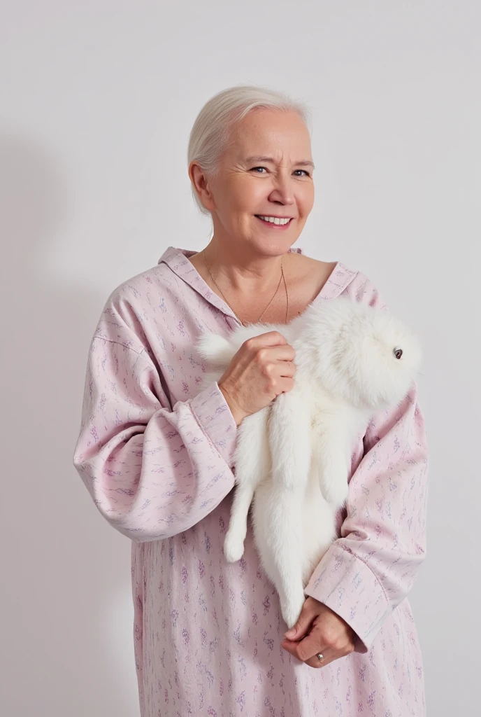 photo of a beautiful granny milf in a random pink complete outfit, holding a cute dog , cute white dog, white couch, home background, exotic home, attractive, real photo, realistic photo, realism, photorealism, real human.