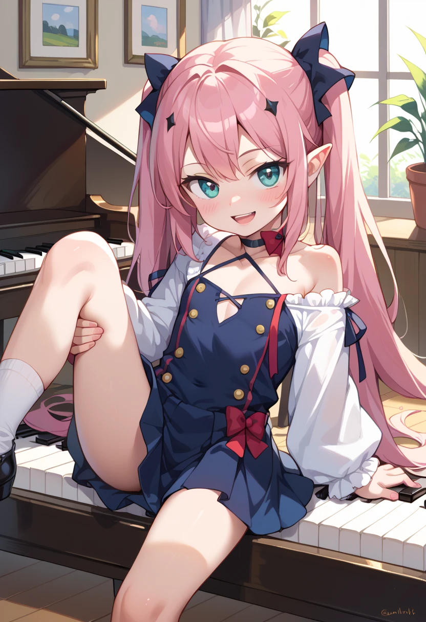 (( top quality)), ((masterpiece)), (be familiar with),  perfect face, indoor, bedroom, looking at the viewer,
One woman, Krull Tepesi ,
 open mouth,  ecstatic expression beside the piano, blush, smile,
 small ,  flat chested, Young girl, Lori,  kids,  girl,
 long hair,  twin tails,
Leg spread,