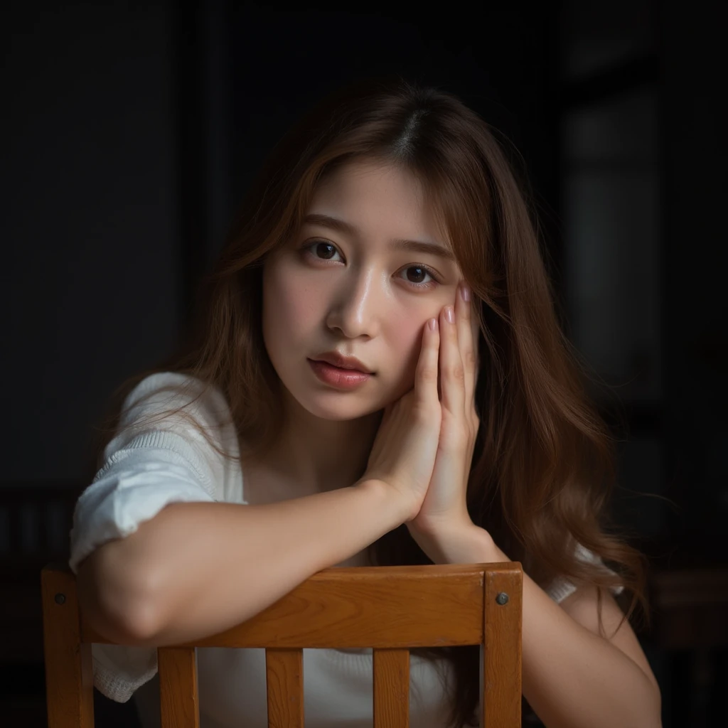 The image is a portrait of a young cute asian woman sitting on a wooden chair. The woman has long, wavy brown hair that is flowing down her back. She is resting her head on the armrest of the chair, with her left hand resting on the backrest. Her right hand is covering her left eye and her mouth is slightly open, as if she is making a silly face. The background is dark and out of focus, making the woman the focal point of the image. The lighting is dramatic, with the focus on the woman's face and the chair's frame.