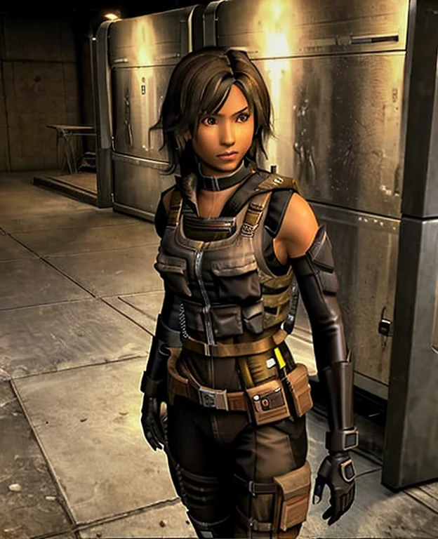 masterpiece, best quality, 1girl, solo, PS2 style, tan-bronze skin, amber eyes, wavy black hair, Light tan bodysuit, light tan bulletproof vest, brown combat gloves, brown combat boots, utility belt, gun holsters, carrying a machine gun,
