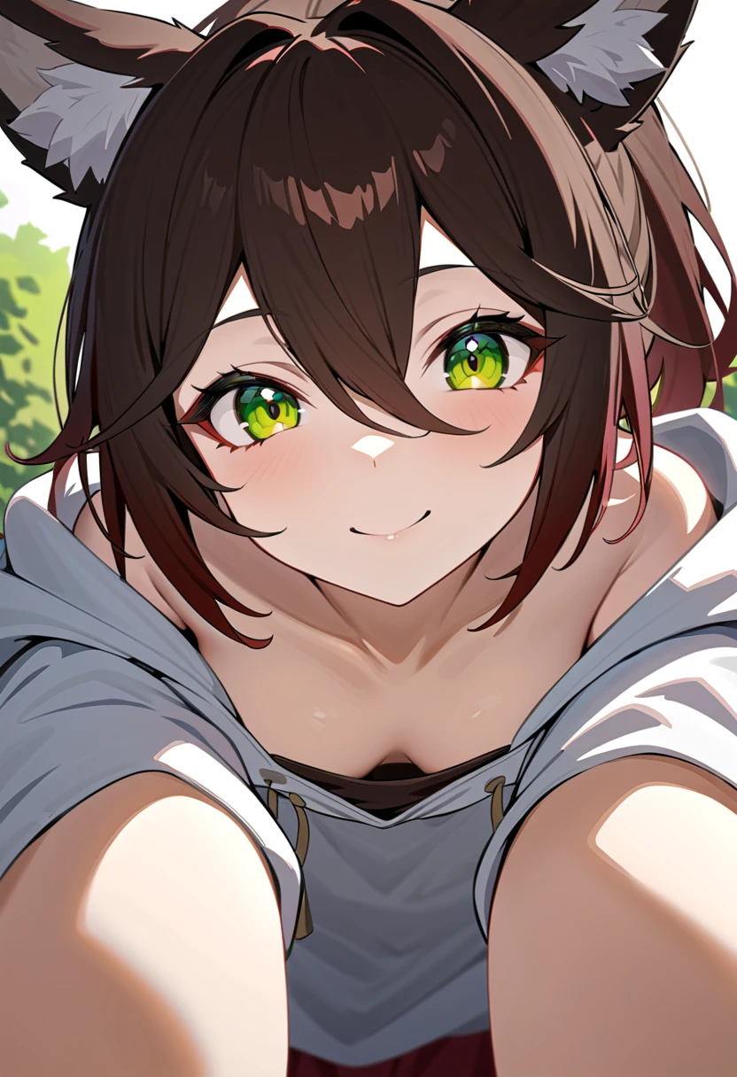 Masterpiece highest quality Unity 8k, Tingyun, brown Hair, medium hair, ponytail, green eyes, fox ears, perfect body, ((small breasts)), pov, downblouse, oversized hoodie, pov, looking at viewer, smile