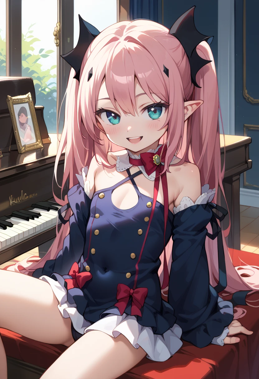 (( top quality)), ((masterpiece)), (be familiar with),  perfect face, indoor, bedroom, looking at the viewer,
One woman, Krull Tepesi ,
 open mouth,  ecstatic expression beside the piano, blush, smile,
 small ,  flat chested, Young girl, Lori,  ,  girl,
 long hair,  twin tails,
Leg spread,