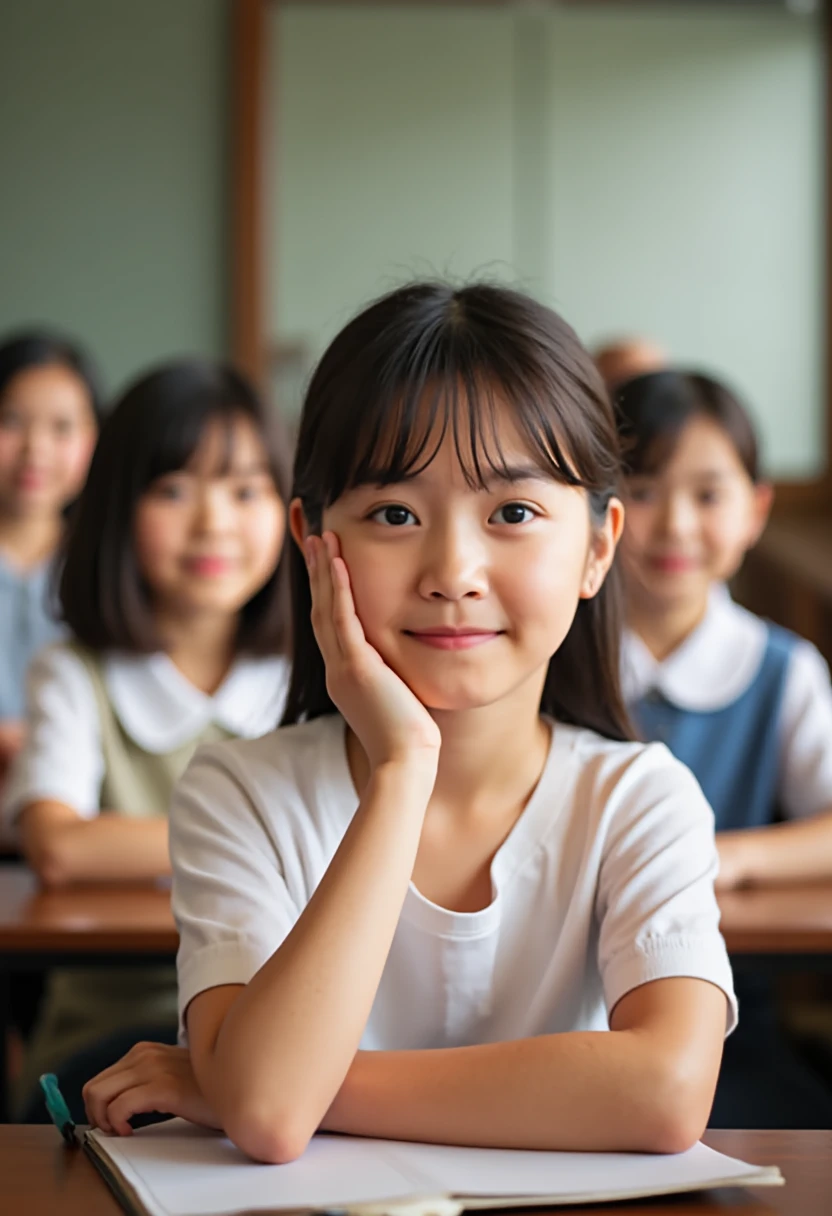 At school,  they are wearing loose-chested blouses,  stand with their elbows at the desk ,  holding down your cheeks , And they look forward and smile 、Angle of view is from above, A photo of Joe Biden:1.3,Joe Biden:1.3