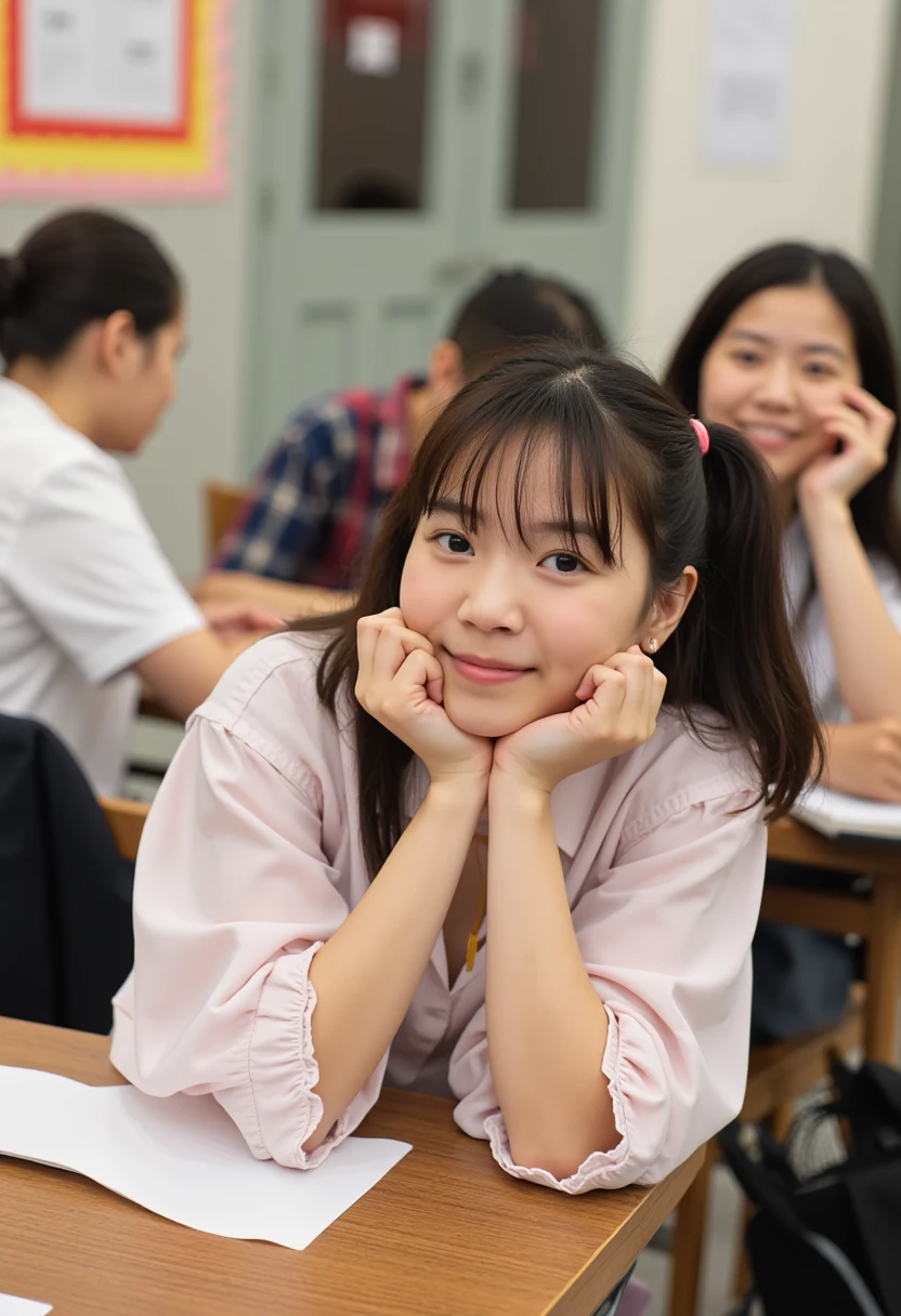 At school,  they are wearing loose-chested blouses,  stand with their elbows at the desk ,  holding down your cheeks , And they look forward and smile 、Angle of view is from above, A photo of Joe Biden:1.3,Joe Biden:1.3