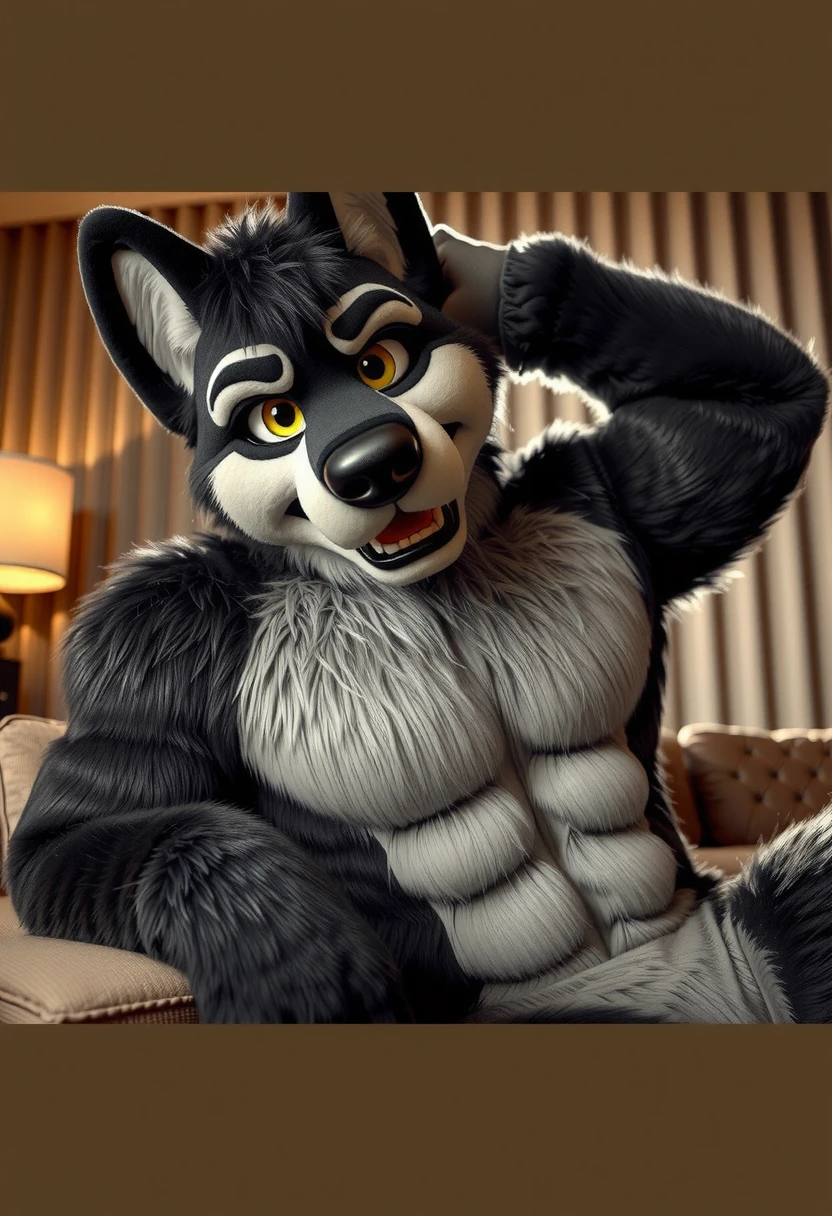 close-up portrait of Daniel (Terabruno), a 22-year-old muscular male wolf anthropomorphic fursuit character, With rich black fur and vivid yellow eyes. He is sitting confidently on a cozy sofa, looking directly at the viewer with a seductive yet approachable smile that radiates charm. His muscular physique is well-defined and showcased in a relaxed but striking posture. The fursuit fur is intricately detailed, with soft textures adding realism to his appearance. His captivating yellow eyes reflect a sense of allure, while his expression exudes both playfulness and confidence. The background is a comfortable, modern living room setting with warm lighting, making the scene feel inviting and intimate. The artwork is hyper-realistic, with high-definition detailing that emphasizes the character's physical features, giving it a polished, high-quality look. The final render remains SFW, focusing on elegance and beauty without being overly sexualized, wearing harness,,