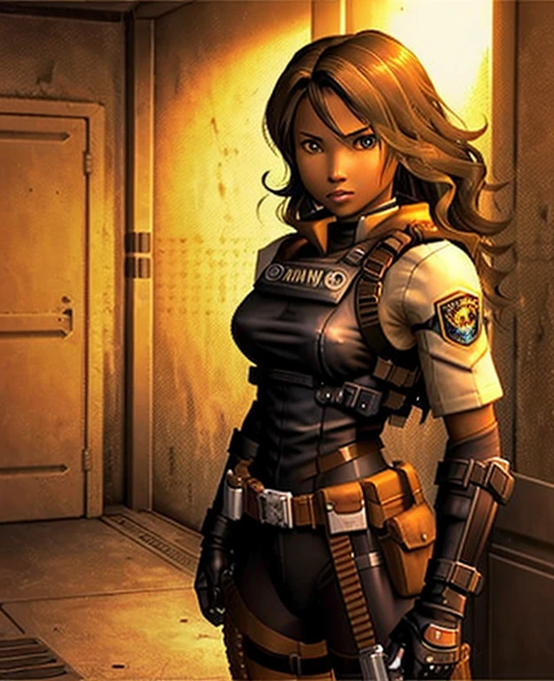 masterpiece, best quality, 1girl, solo, PS2 style, tan-bronze skin, amber eyes, wavy black hair, Light tan bodysuit,  bulletproof vest, brown combat gloves, brown combat boots, utility belt, gun holsters, carrying a machine gun,
