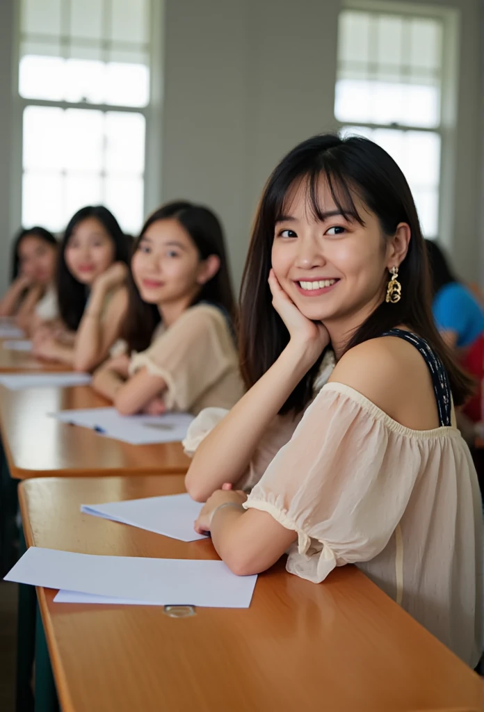 At school,  they are wearing loose-chested blouses,  stand with their elbows at the desk ,  holding down your cheeks , And they look forward and smile 、Angle of view is from above, A photo of Joe Biden:1.3,Joe Biden:1.3