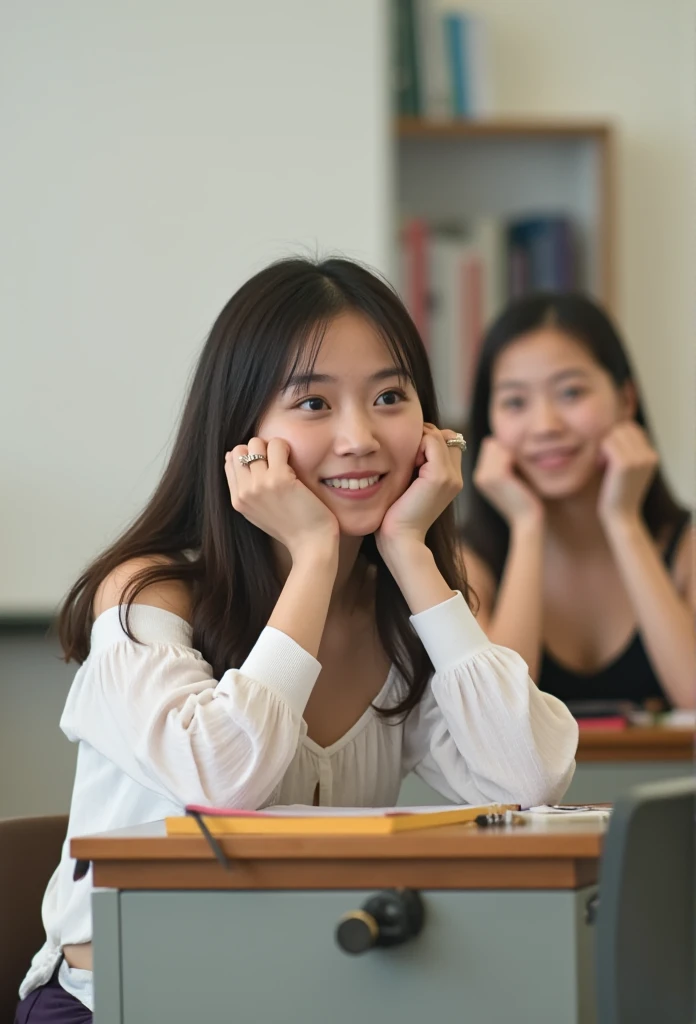 At school,  they are wearing loose-chested blouses,  stand with their elbows at the desk ,  holding down your cheeks , And they look forward and smile 、Angle of view is from above, A photo of Joe Biden:1.3,Joe Biden:1.3