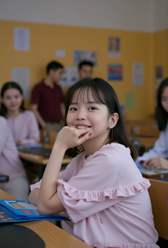 At school,  they are wearing loose-chested blouses,  stand with their elbows at the desk ,  holding down your cheeks , And they look forward and smile 、Angle of view is from above, A photo of Joe Biden:1.3,Joe Biden:1.3